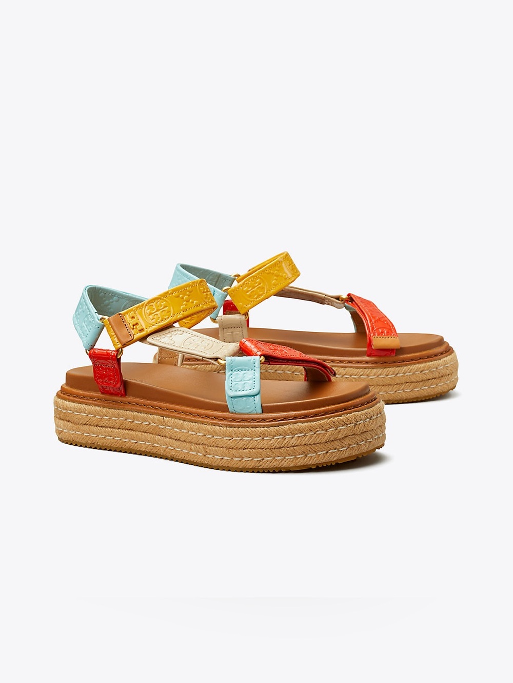 Tory Burch T Monogram Sport Multi-Color Leather Platform Espadrille Sandals Sz 5
